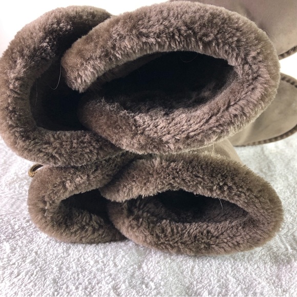 POP women’s memory foam mid calf faux fur lined pull on boots Sz 7M tie detail - Picture 6 of 7